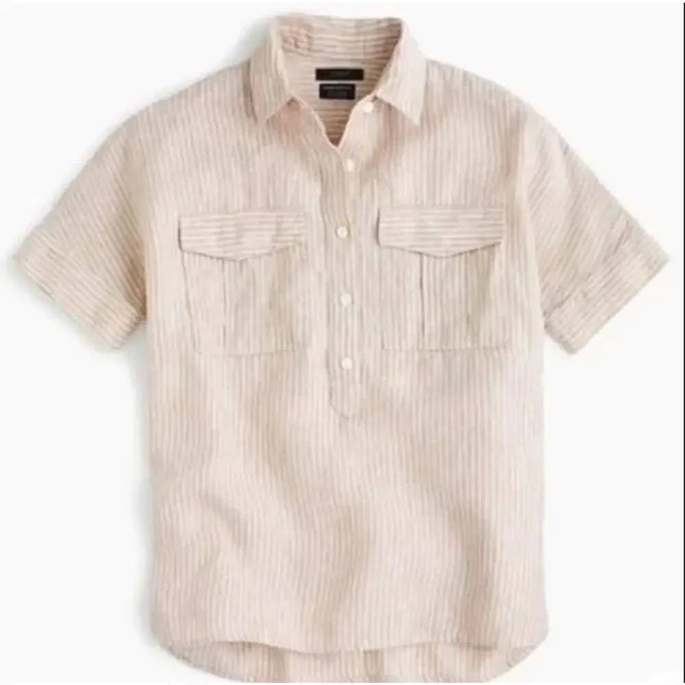 J. Crew x Baird McNutt Tan Striped Linen Short Sleeve Top - Picture 2 of 11